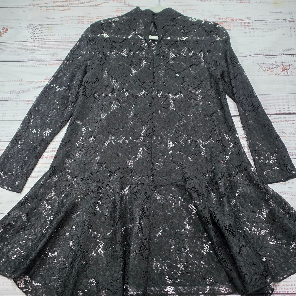 H&M Lace Overlay Dress Womens Small Black Exc Drop Waist Mock Neck Long Sleeve